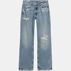 Zara TRF Ripped Wide Leg Rhinestone Jeans Blue